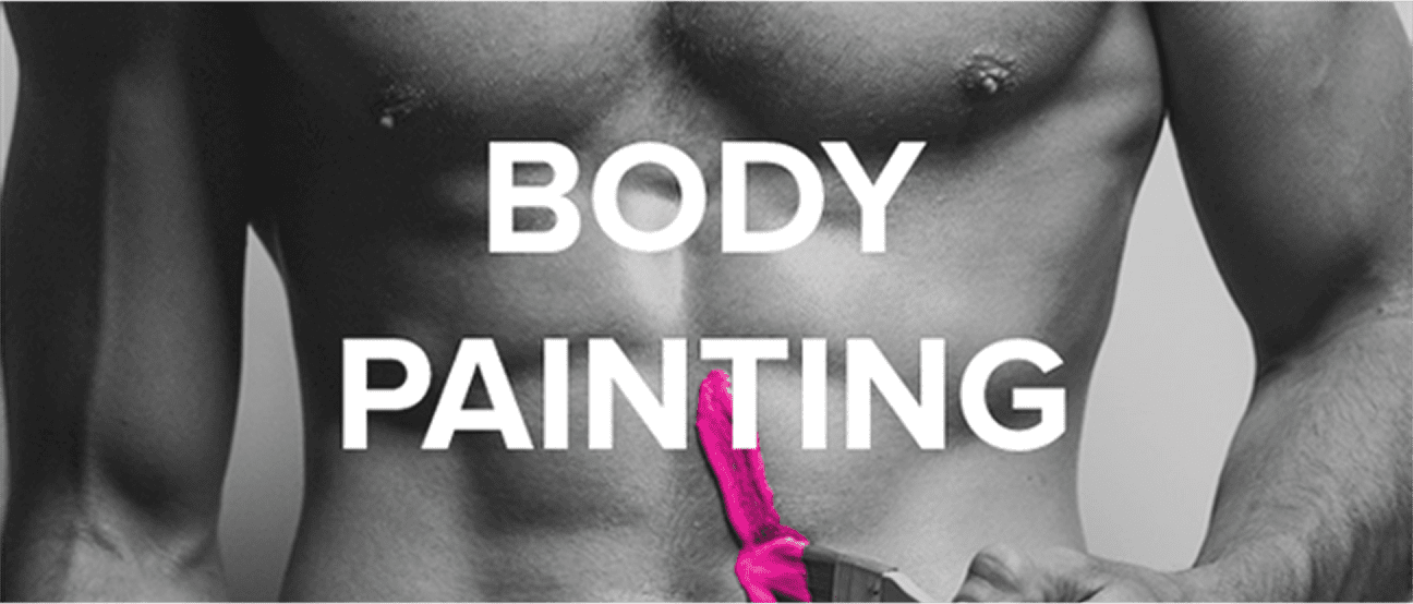 Muscular man paints himself with pink body paint, with the words body painting