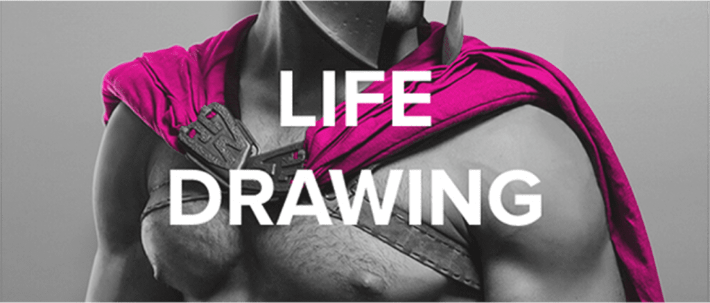 Muscular man poses in Greek costume as a life drawing model