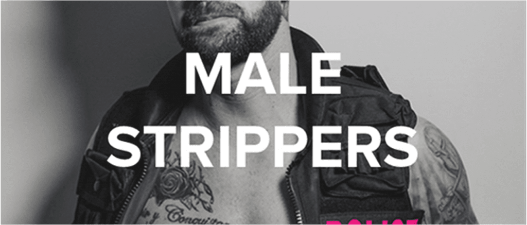 Male stripper poses in a police outfit, with the words male strippers