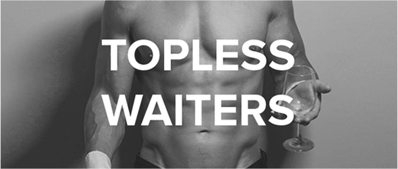 Muscular man poses as a topless waiter with bubbles