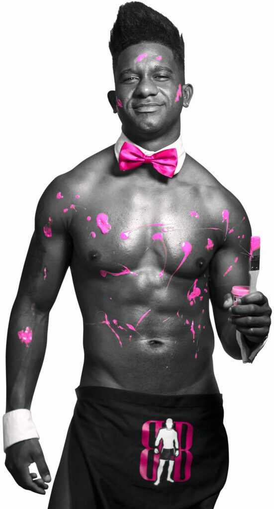 Male topless waiter covered in pink body paint